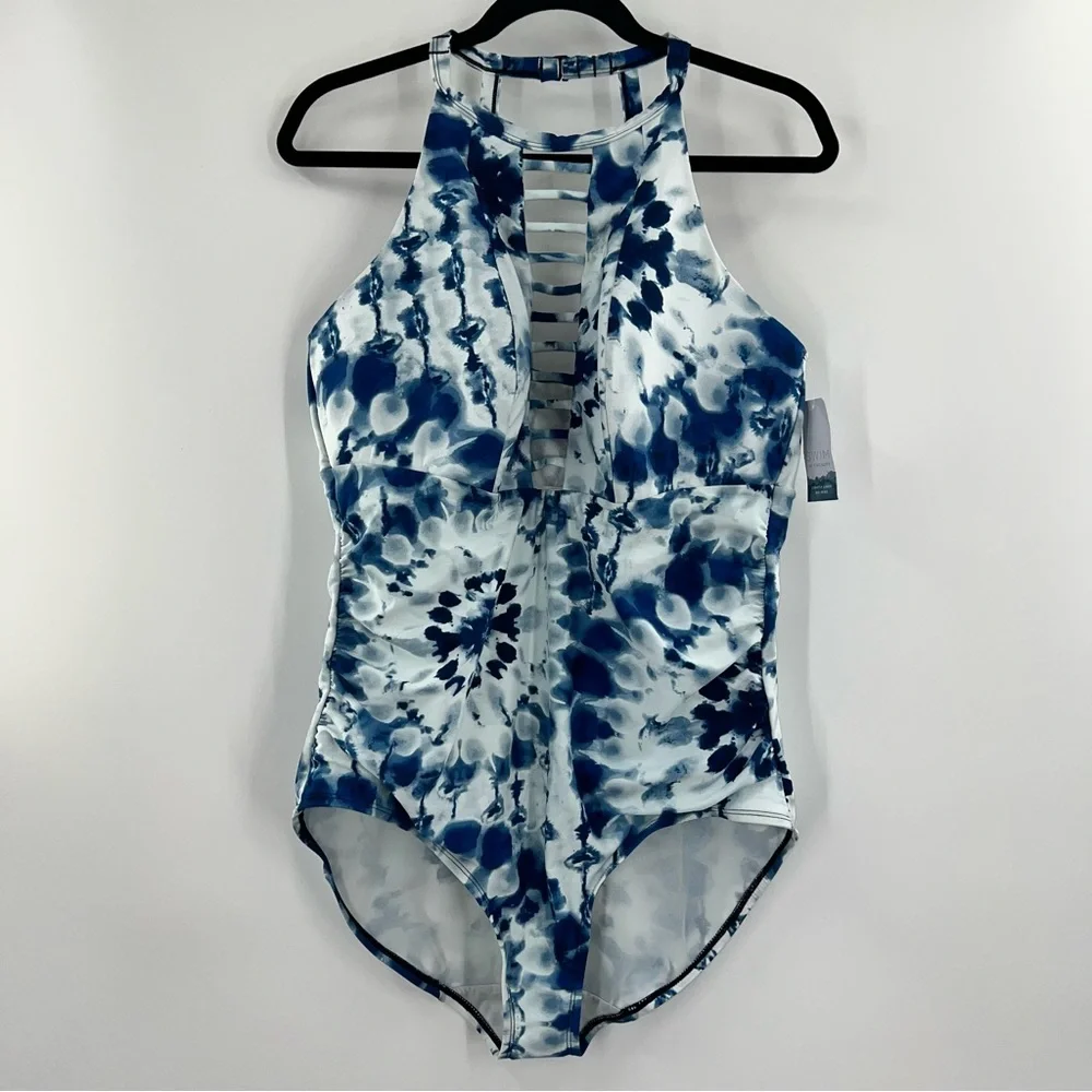 Cacique NWT No-Wire Strappy High-Neck Swimsuit One Piece Tie-Dye Navy size 20